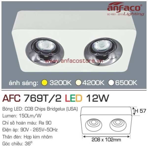 Đèn Anfaco LED downlight nổi AFC 769/2D 12W vuông 102 mm | Bóng LED COB Chips Bridgelux (USA). Bảo hành miễn phí 3 năm/36 tháng trên toàn quốc